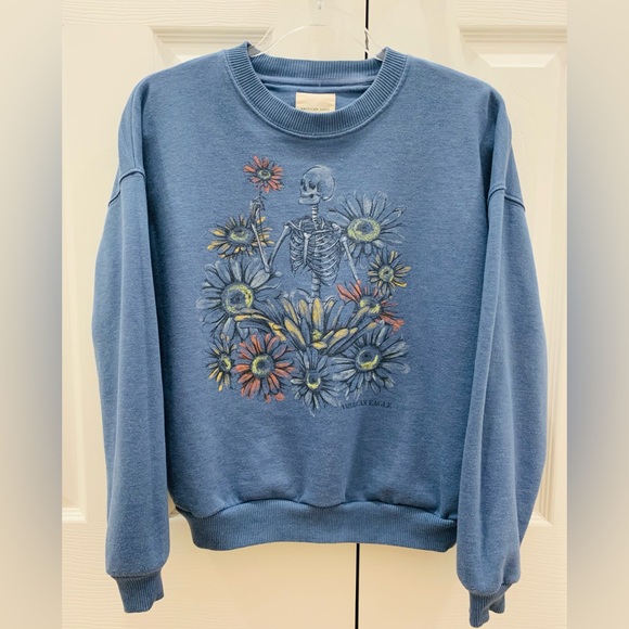 AEO✨Floral Skeleton Patterned Cauliflower Blue Crewneck Sweatshirt - Picture 16 of 16